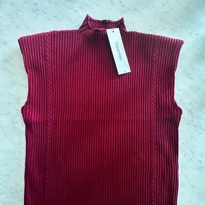 Calvin Klein Ribbed Sleeveless Mock Neck Top - Red